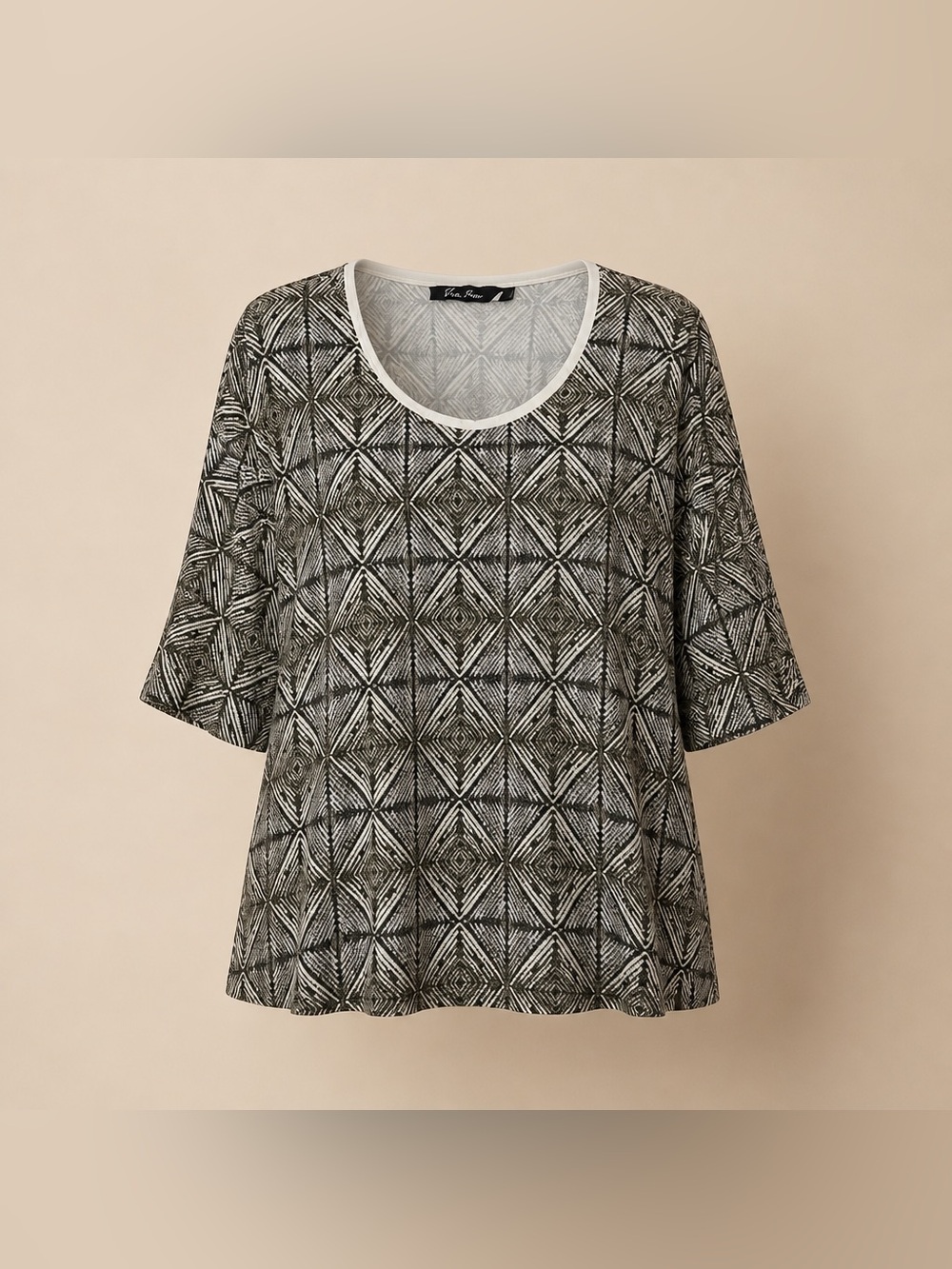 Ulla Popken 32/34 Gray Geometric Short-Sleeve Cotton Elastane Oversized Tee